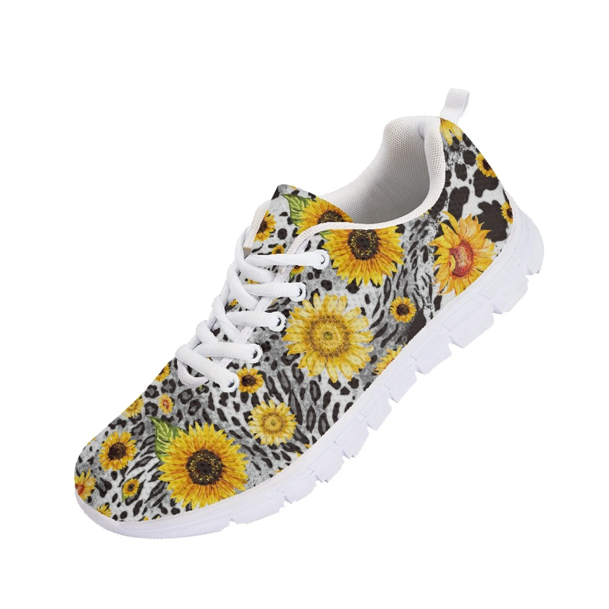 Yikeluo Sunflower Leopard Print Designer Shoes Women Breathable Mesh Soft Sole Girls Sneakers Flats Lightweight Zapatillas Mujer