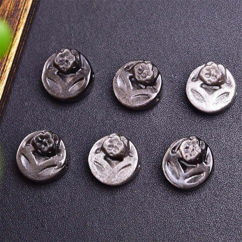 2 шт. натуральный Серебряный обсидиановый цветок резьба по монетке хрусталь