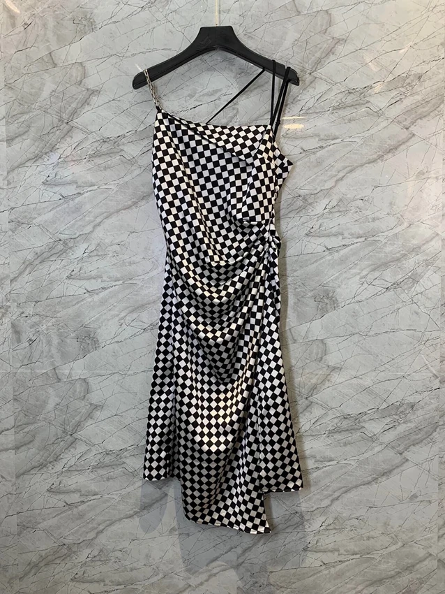 

2022 new women fashion sleeveless tube top chain suspender skirt side pleated plaid slim fit temperament dress 902