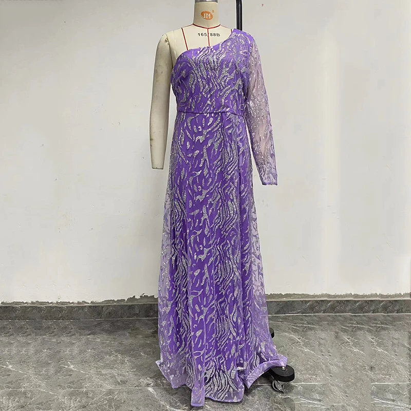 2023 New Performance Party Women'S Evening Dress Sequin Open Sleeve Split Dress Slim Fit One Shoulder Sleeve Dress