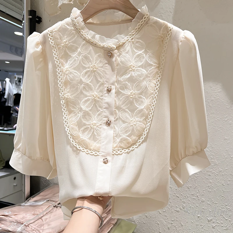 

Женская блузка с оборками на воротнике, элегантная тонкая Свободная блузка с коротким рукавом, модель 2022 в Корейском стиле на лето
