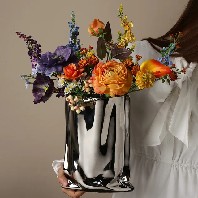 Luxury Ceramic Silver Plant Vase Electroplating Floral Living Room Flower Arrangement Hotel Art Pot Decoration Home Accessories 1