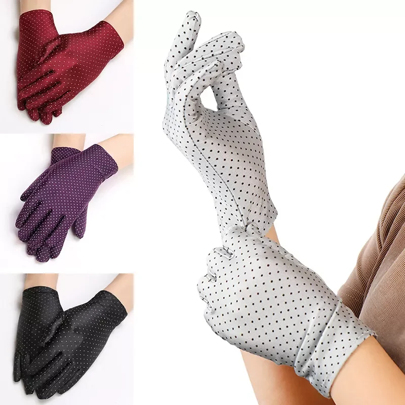 

Women Wrist Gloves Ladies Summer Sunscreen Gloves Cute Dot Thin Touch Screen Knitted Fabric Breathable Driving Mittens