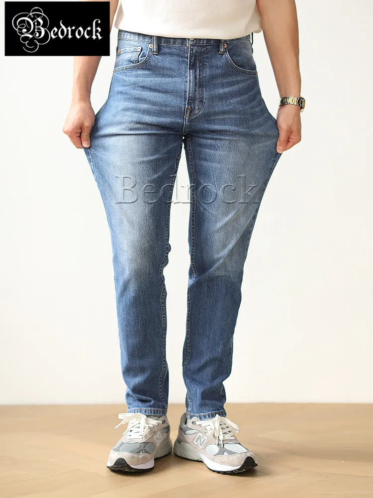 MBBCAR elastic 12.7oz selvedge denim jeans for men light blue washed vintage cargo comfort stretch scratched pencil pants 7485