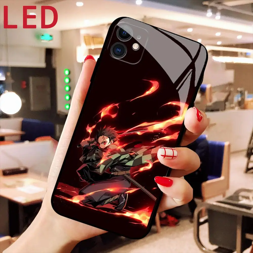 

Demon Slayer Tanjiro Luminous Tempered Glass phone case For Apple iphone 14 13 12 11 Pro Max XS mini XR Light Flash LED Cover