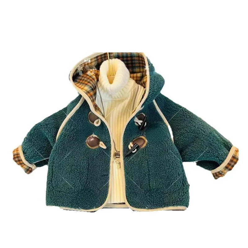 

2022 Korean children's clothing Autumn Winter Coat Girls Reversible jacket for boy Classic lattice Kids Outerwear 2-9Y Hooded