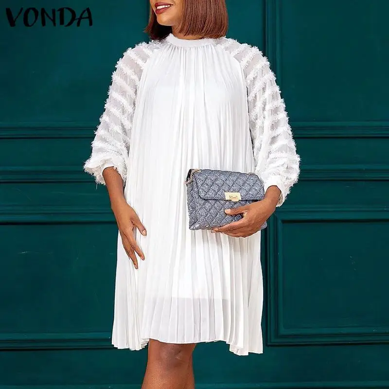 

Dress For Women VONDA 2022 Bohmeian Elegant Lantern Sleeve Knee-Length Party Dress Female A-Lined Robe Femme Oversized Sundress