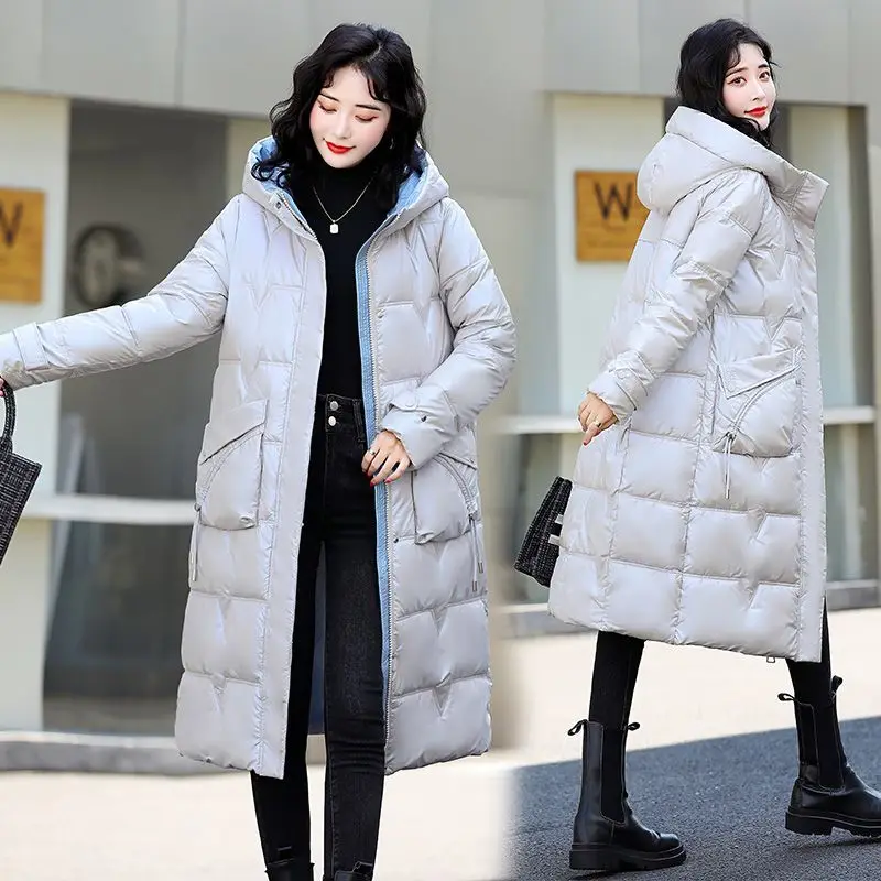 Winter Big Hood Jacket Knee Length Loose White Duck Down Padded Overcoat Warm Down Zipper Pockets New 2023 Down Women Coat M49