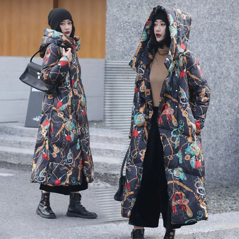 Winter 2022 New Long Down Jacket Women Artistic Print National Wind Large Size Thick Warm Hooded White Duck Down Coat Female
