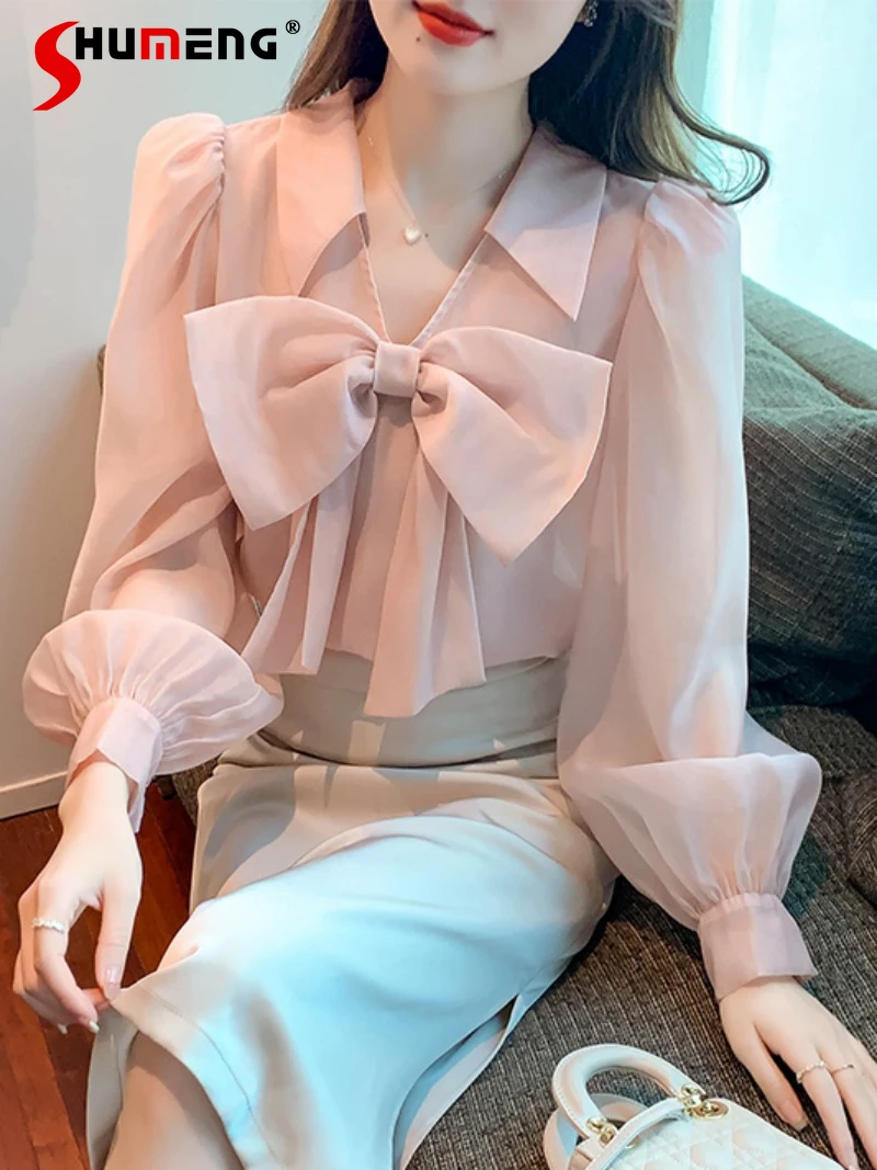 

Organza V-neck Bow Blouse Women's Design Niche Temperament Long Sleeve Pink Chiffon Top 2022 Spring Autumn New Blusas De Mujer