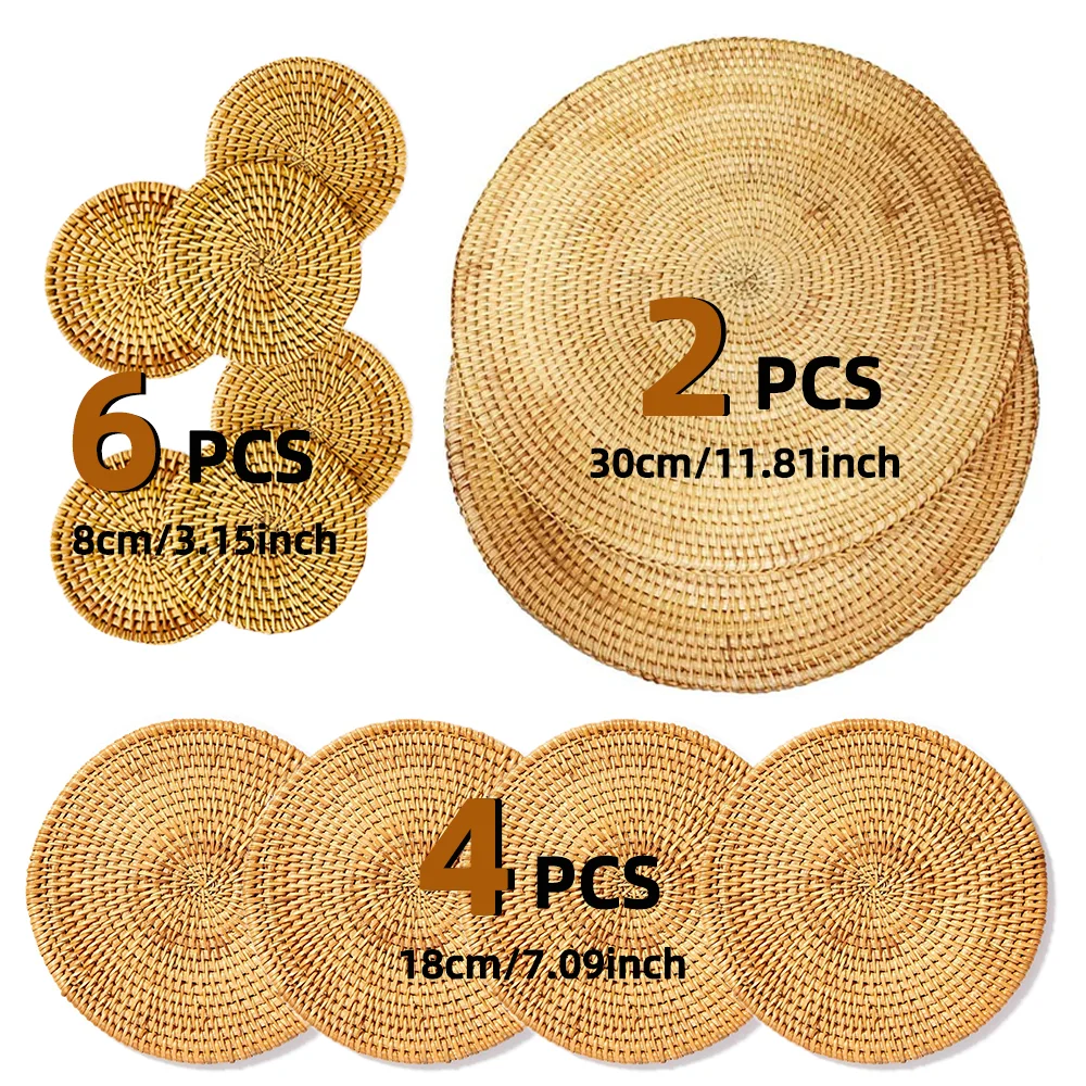 

12Pcs Rattan Mat Cup Coasters Handmade Braided Natural Pot Mat Holder Round Placemat Creative Kitchen Table Crafts Plates Holder