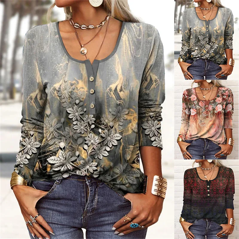 

Spring And Summer Loose Long Sleeve Printed U-Neck Button T-Shirt Women's Fashion Casual Casual Long Sleeve Shirt Female & Lady