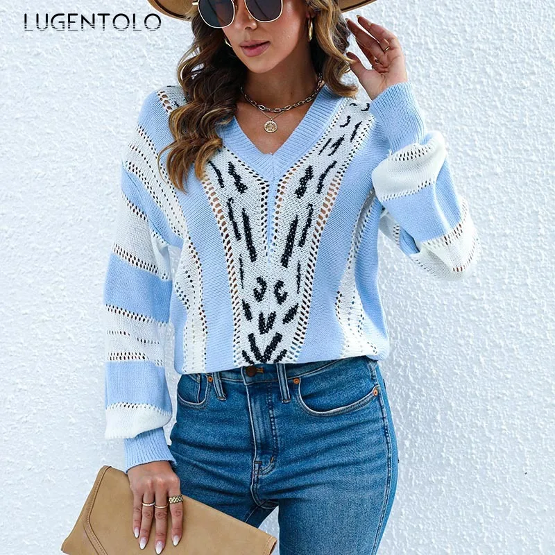 

Women Leopard Sweater Knitted New Autumn Winter Loose Casaul Lady Elegant V-neck Pullover 2023 Clothing Lugentolo