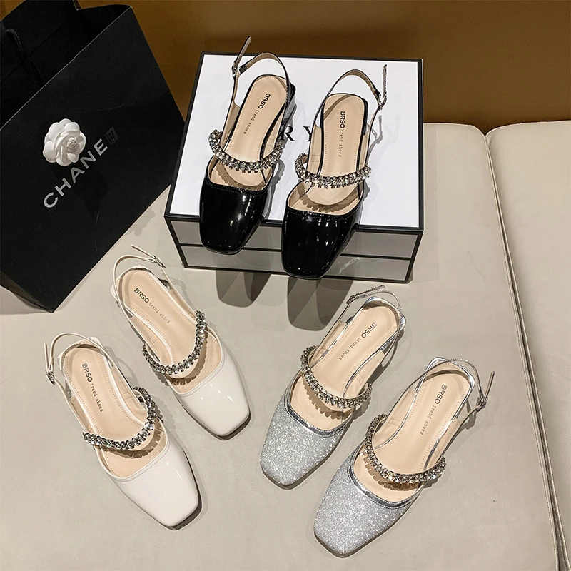 2022 Summer Luxury Sparkling Rhinestone Square Toe Sandals women Mid Heel Square Toe  Mules Ladies Mary Jane Shoes Black Silver