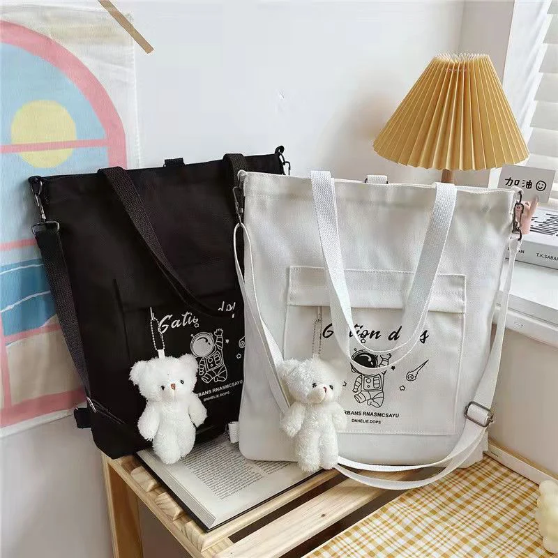 

Multifunction Backpack Canvas Handbag Shoulder Bags Large Capacity 2022 Schoolgirls Textbook Bag With Bear Chick Rabbit Pendant