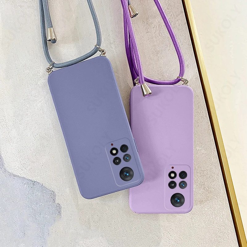 Square Liquid Silicone Lanyard Case For Xiaomi Redmi Note 11 Pro 11S Note 12 10 Pro Redmi 10 12T 11T Poco X5 Pro Crossbody Cover