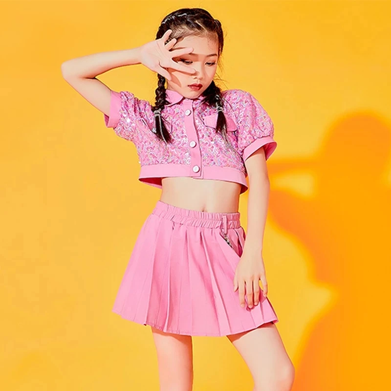 

Розовый костюм для танцев Болельщицы, одежда для девочек в стиле джаз, хип-хоп, укороченные топы с блестками и юбка, современный костюм для джазовых представлений и сцены