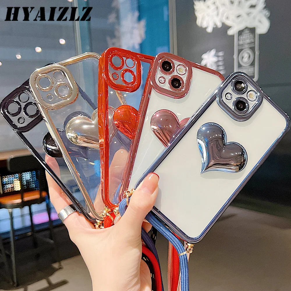 

Fashion Diagonal Span Lanyard Phone Cases for iPhone 13 Pro Max 11 12 Cute 3D Electroplating Love Heart Shockproof Back Cover