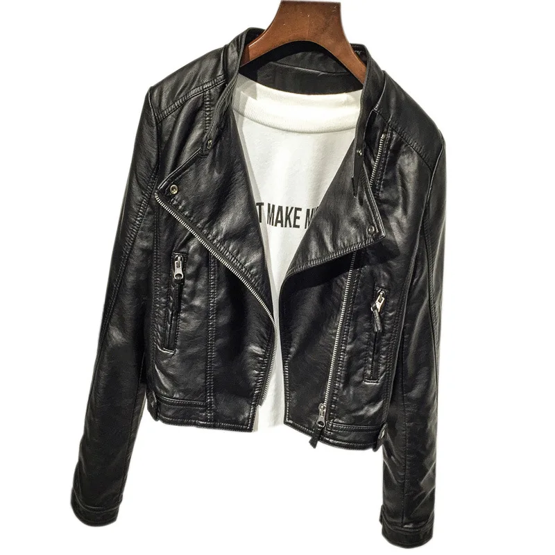 2023 locomotive leather women's ultra-short small coat tide slim washed leather jacket new stand-up collar