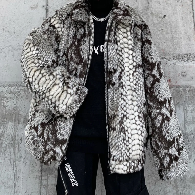 Hybskr Faux Fur Snakeskin Pattern Men's Jackets Fashion Loose Thicken Coats Harajuku Gothic Parkas Winter Warm Male Overcoats