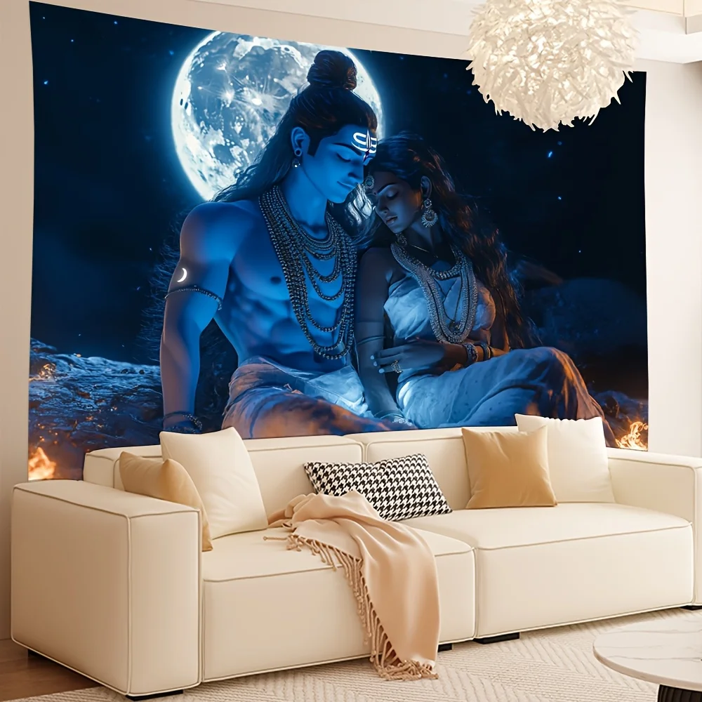 Фото Гобелен Divine Shiva-Parvati — небесная пара Moonlit в синем и золотом цвете, эфирное свечение с сакральным пламенем, домашний декор №2
