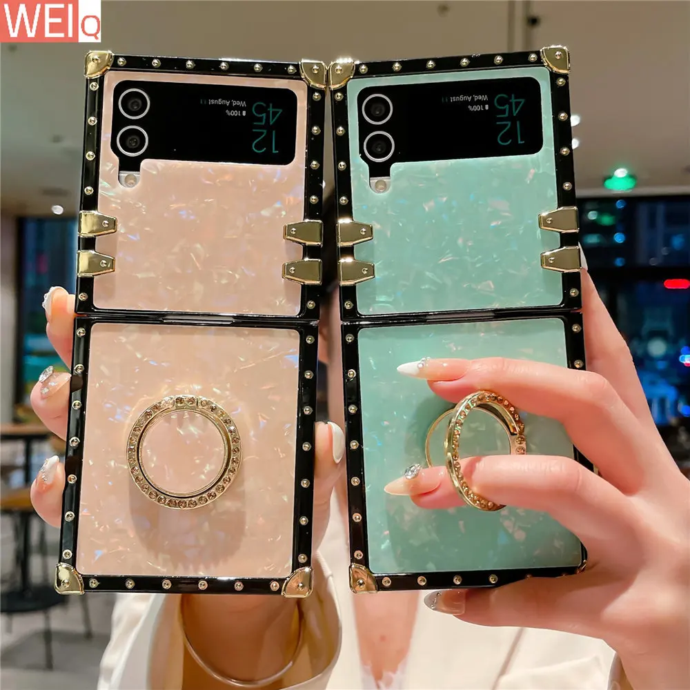 

Fashion Shell Pattern Diamond Ring Holder Case For Samsung Galaxy Z Flip 4 Zflip 3 Square Plated Flower zflip 4 Cover Coque