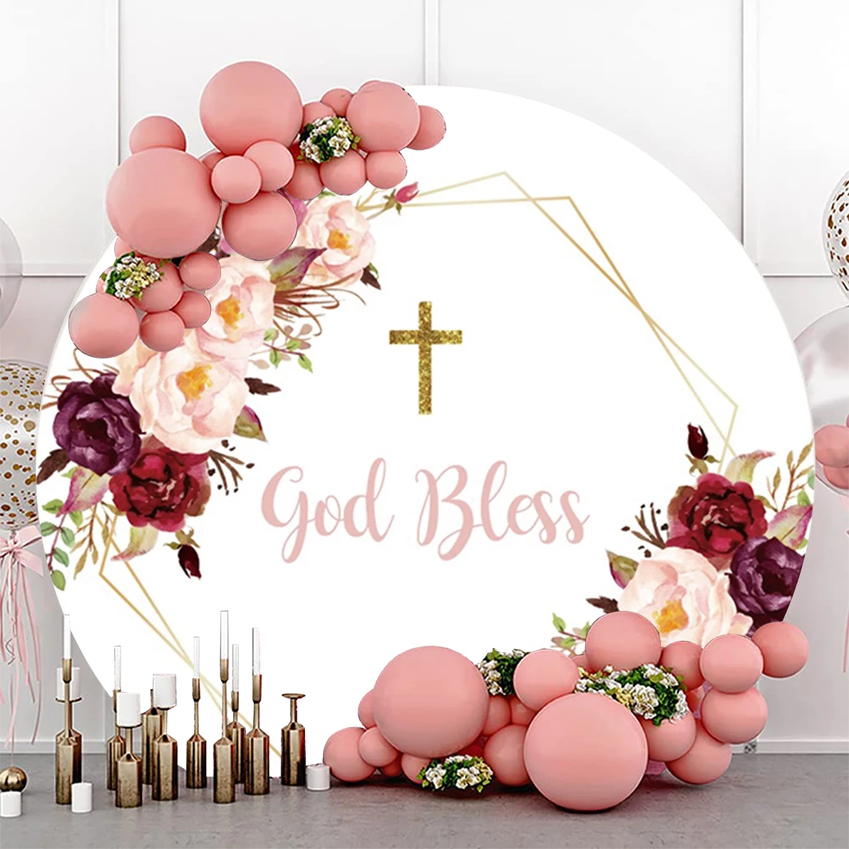 

Photography Circle Backdrop White Watercolor Flowers Gold Cross God Bless My First Communion Round Background Party Table Covers