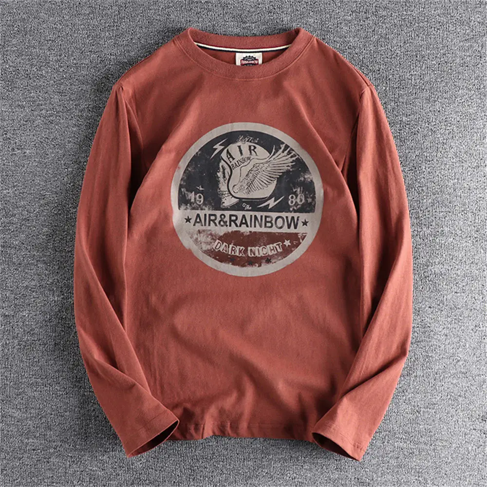 

Autumn 100% Cotton Long-sleeved T Shirt for Men Retro Skull Print Graphic T Shirts Round Neck Casual Underwear Men's Shirts