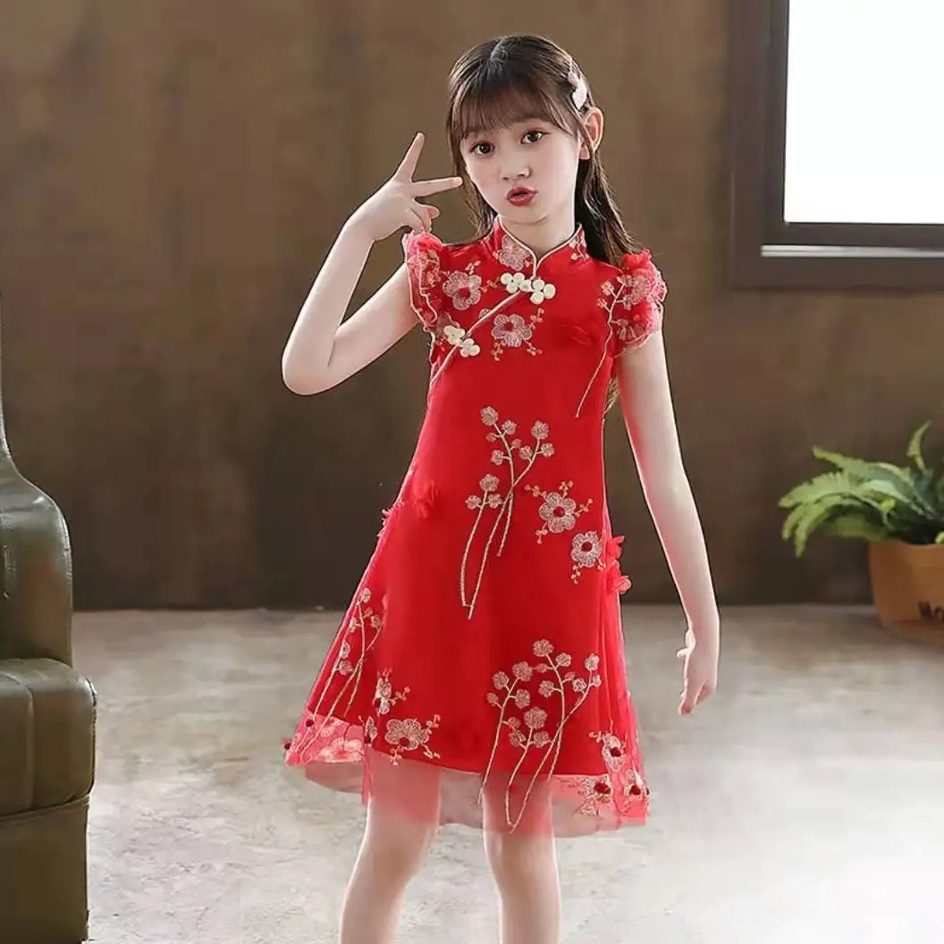 0 3 5 7 9 12Y Hanfu Baby Girls Dress 2023 New Summer Children's Cheongsam Summer Sleeveless Dress Chinese Tang Dress Princess