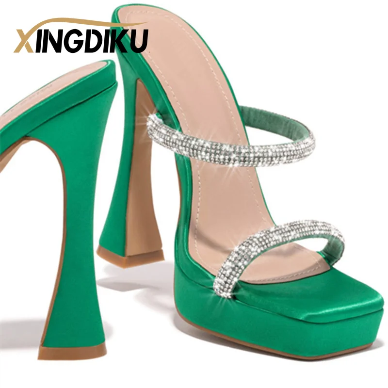 

Женские сандалии 2022 летние новые Стразы прозрачные пикантные сандалии на высоком каблуке зеленые модные сандалии большого размера на высо...