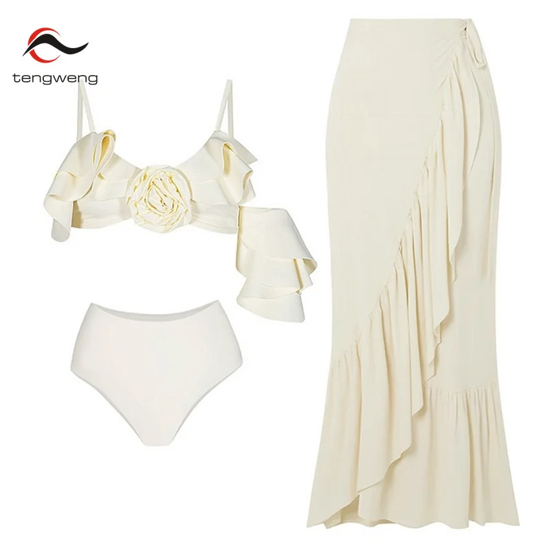 

Tengweng 2023 Swimwear 3D Flower Women Swimsuit With Skirt Two Piece Sets Printed Beachwear High Waist Bikini Bathing Suit Dress