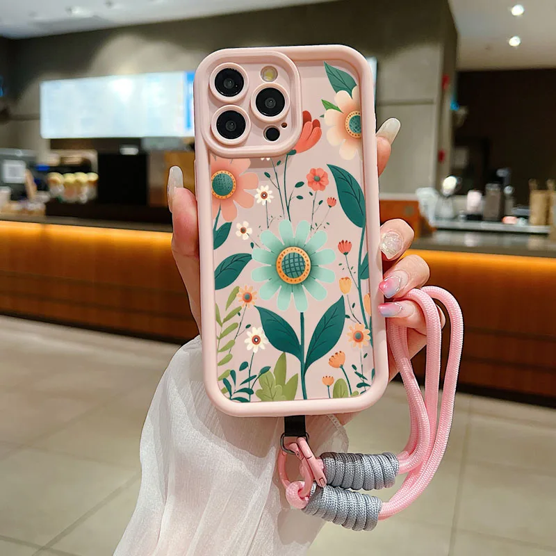 Чехол для телефона с ремешком на запястье iPhone 11 12 13 14 15 16 Pro MAX XS Max XR 7 8 Plus милым