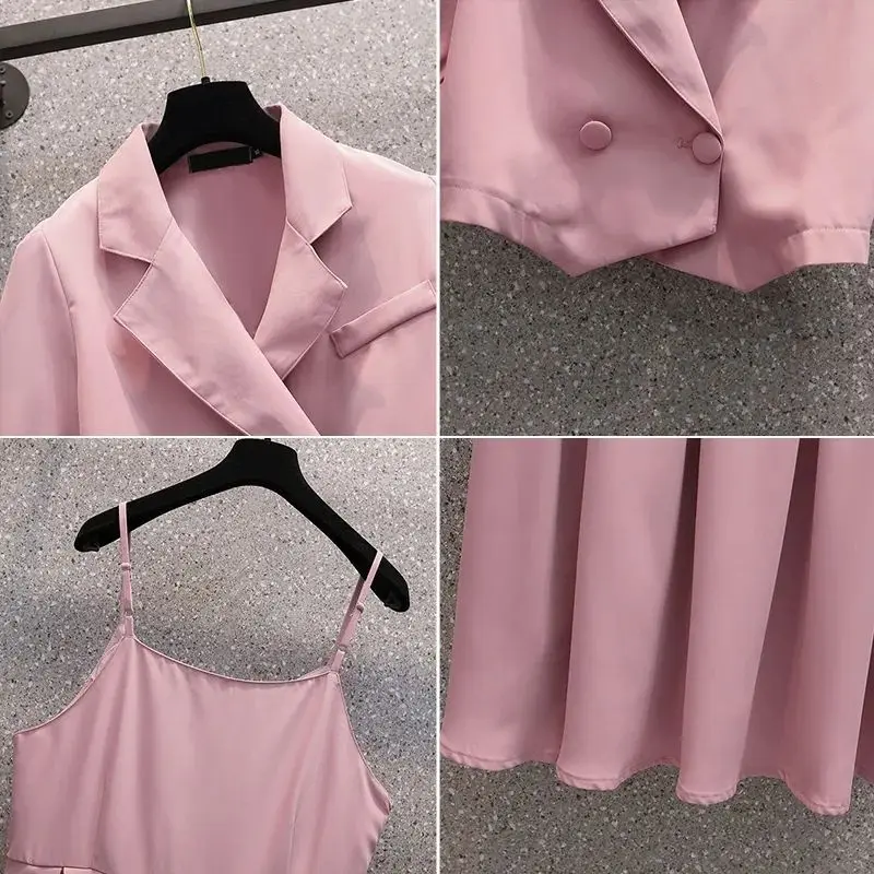 2023 Summer Korean Style Short Sleeve Slim Fit Jacket Blazer Strap Dress Two Piece Elegant Women's Party Dress Office Outfits
