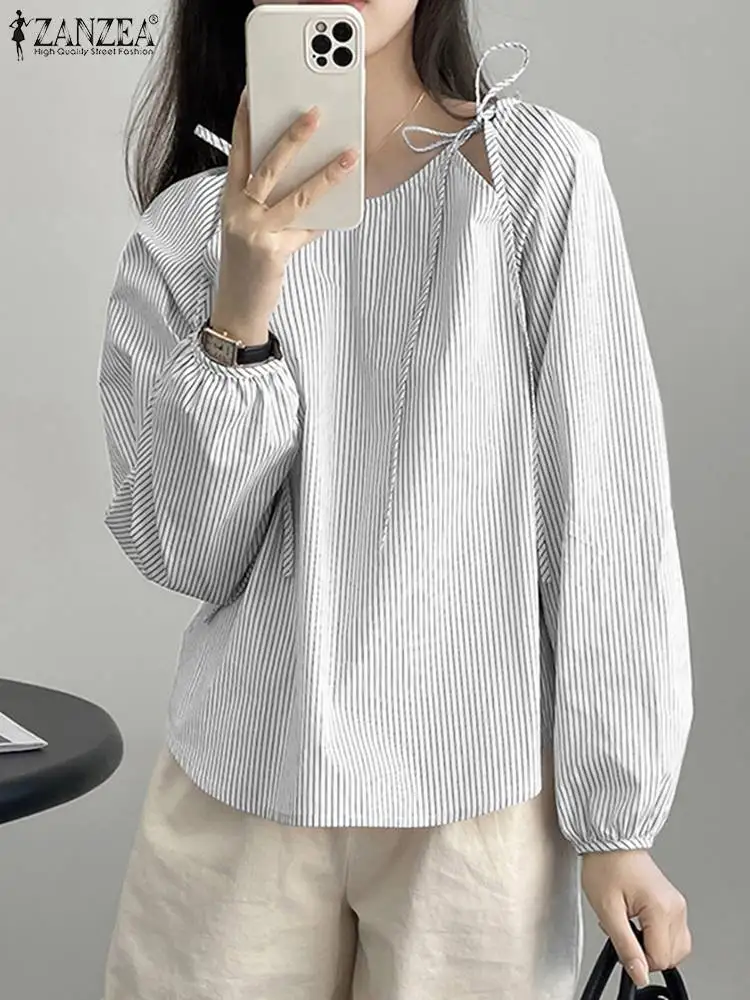 

Autumn Hollow Out Blouse 2023 ZANZEA Stylish Work Shirt Female Holiday Blusas Korean Fashion Women Long Sleeve Striped Shirt