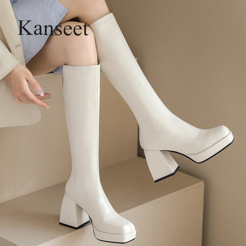 

Женские высокие сапоги Kanseet на платформе, новинка осень-зима, квадратный носок, черный цвет, микрофибра, на молнии, на толстом высоком каблук...