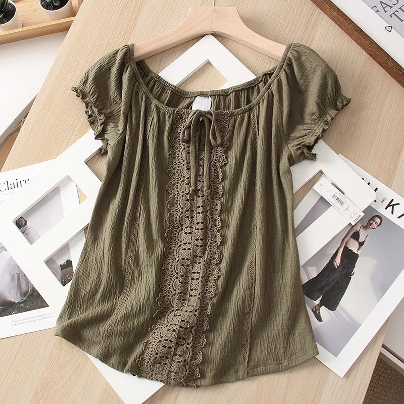

2023 Sweet Ladies Summer Blouse for Women's Tops Office Fashion Loose Solid Bandage Short Sleeve Blouses Blusa Mujer