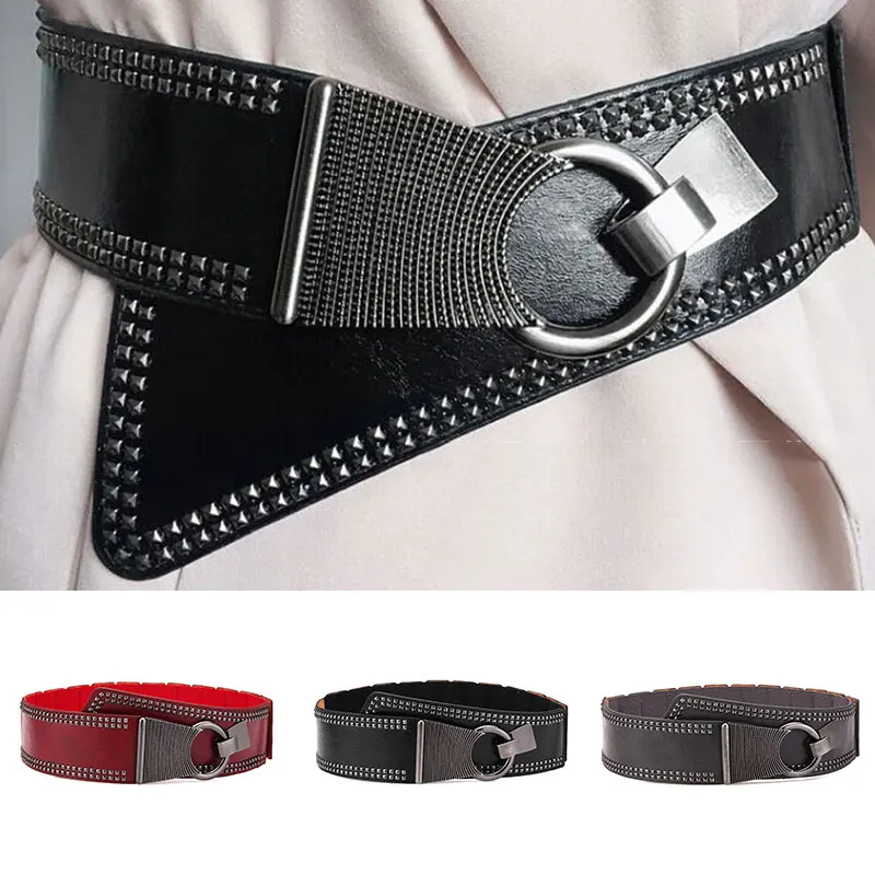 

Punk Style Rivets Wide Belt For Women Stretchy Dress Waistband Studded Decorative Metal Round Buckle PU Leather Cummerbunds