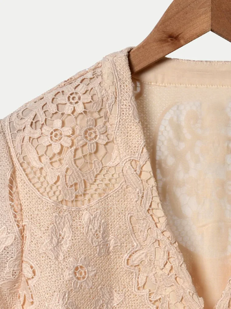 

Women's Blouse V-neck Puff Sleeve Hollow Out Lace Solid Slim Fit Shirt Sweet Spring Summer 2023