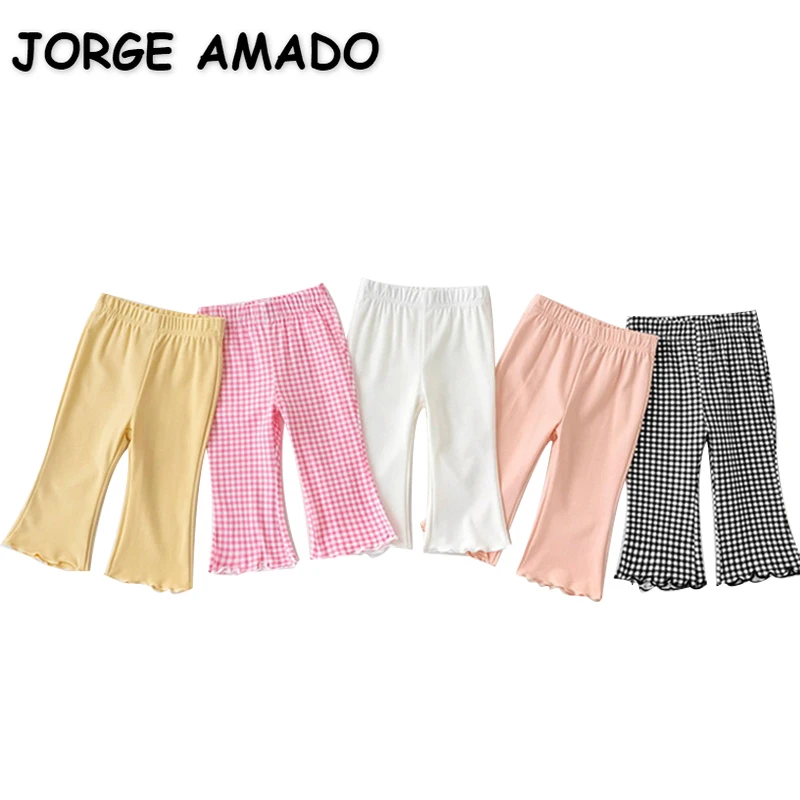 

Korean Summer Clothing for Kid Girl Pants Pink Yellow White Black Plaid Elastic Waist Flare Trousers Child Clothes E5510