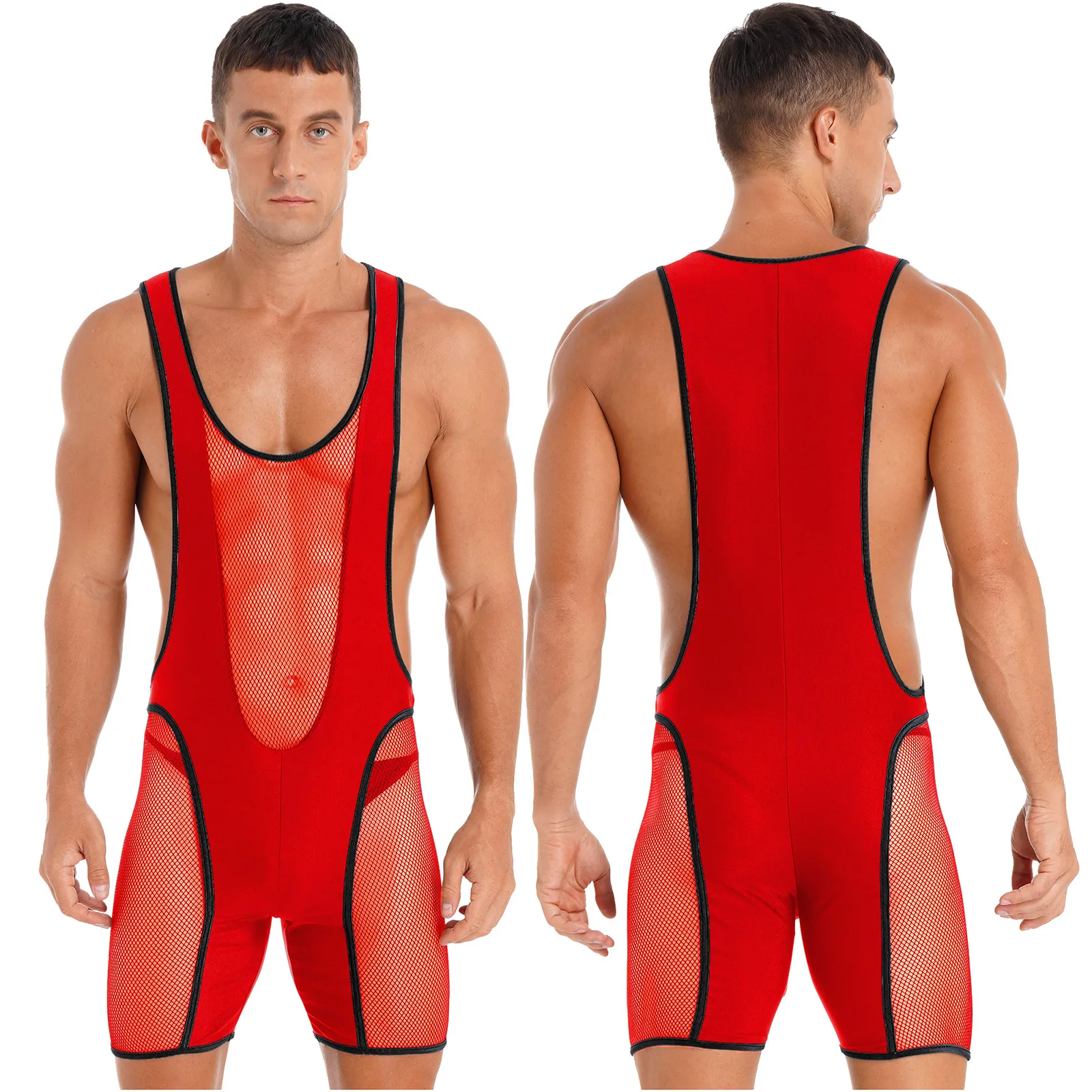 

Мужской сетчатый комбидресс с вырезами, комбинезон без рукавов для фитнеса, комбинезон с U-образным вырезом, трико контрастных цветов с отде...