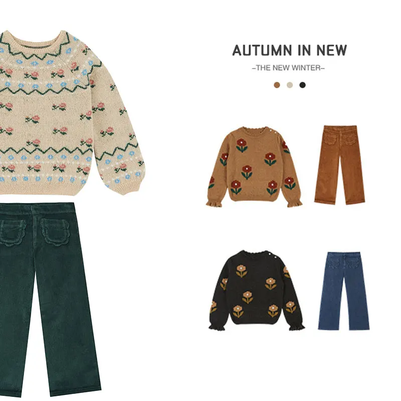 

Children's Sweater 2022 Autumn and Winter Ins Trendy Girls' Retro Style Sweet Princess Flower T-Shirt