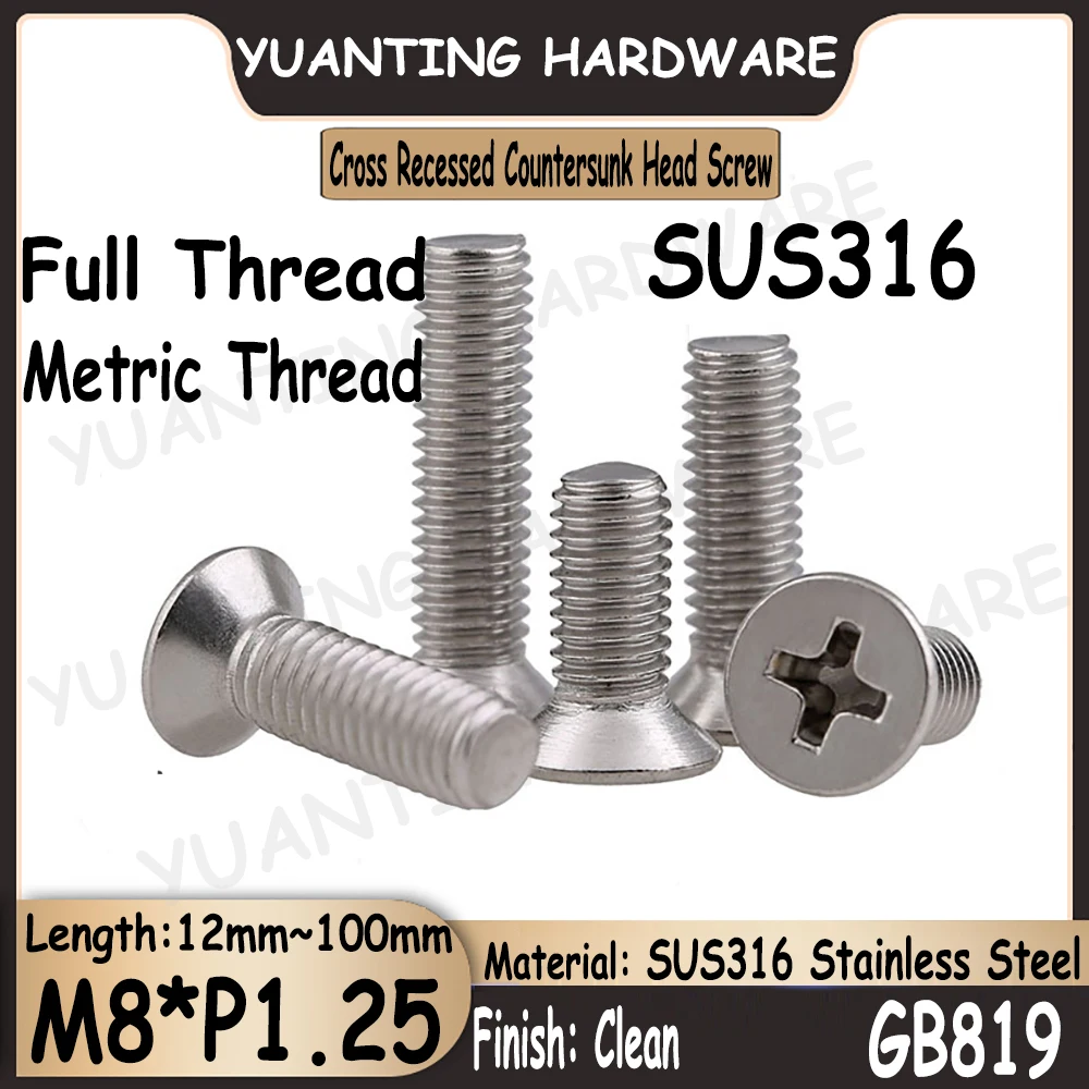 

2Pcs-8Pcs M8*P1.25 Metric Coarse Thread GB819 SUS316 Stainless Steel Cross Recessed Phillips Countersunk Head Screws