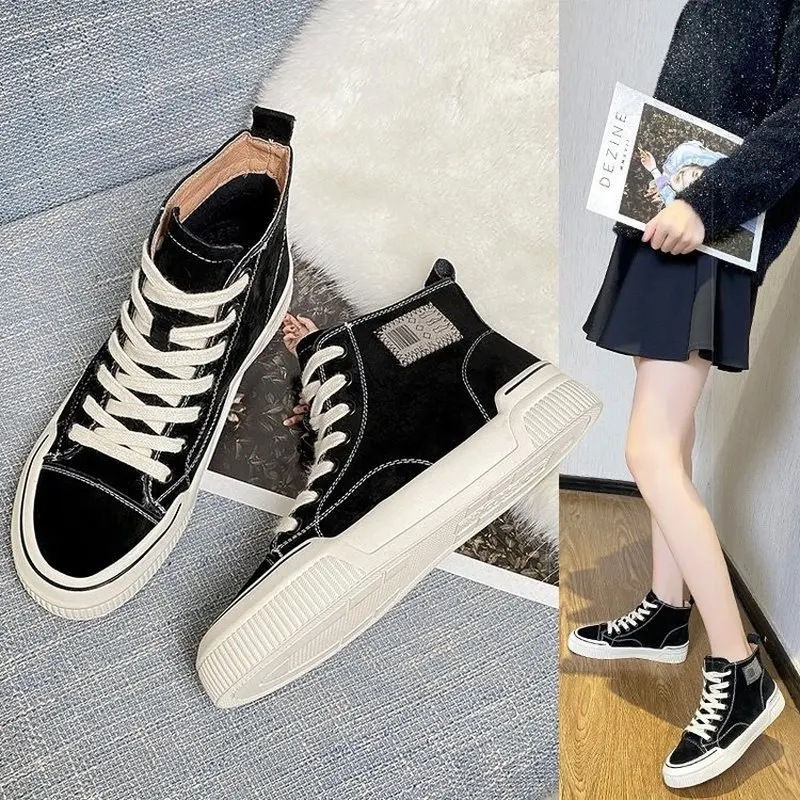 

2022 New Women Shoes Warm High Top Platform Sneakers PU Leather Casual Shoes Woman Lace-Up Flat Black Sneakers Comfortable Flats