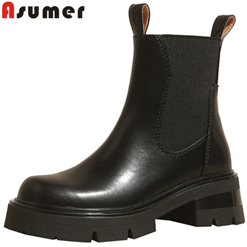 

ASUMER 2022 New Arrive Thick Med Heels Chelsea Boots Slip On Ladies Genuine Leather Ankle Boots Platform Women Shoes