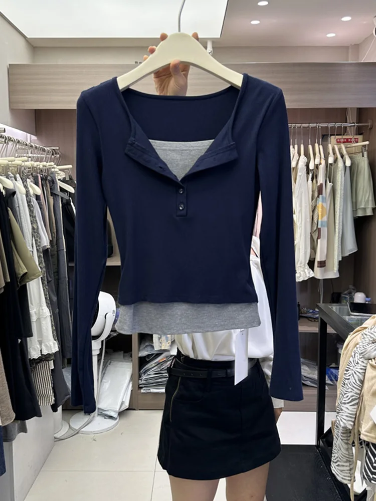 Contrast Color Fake Two Pieces Long sleeves Shirt Women 2024 Autumn New Design Sense Bottoming Slim fit Short Top