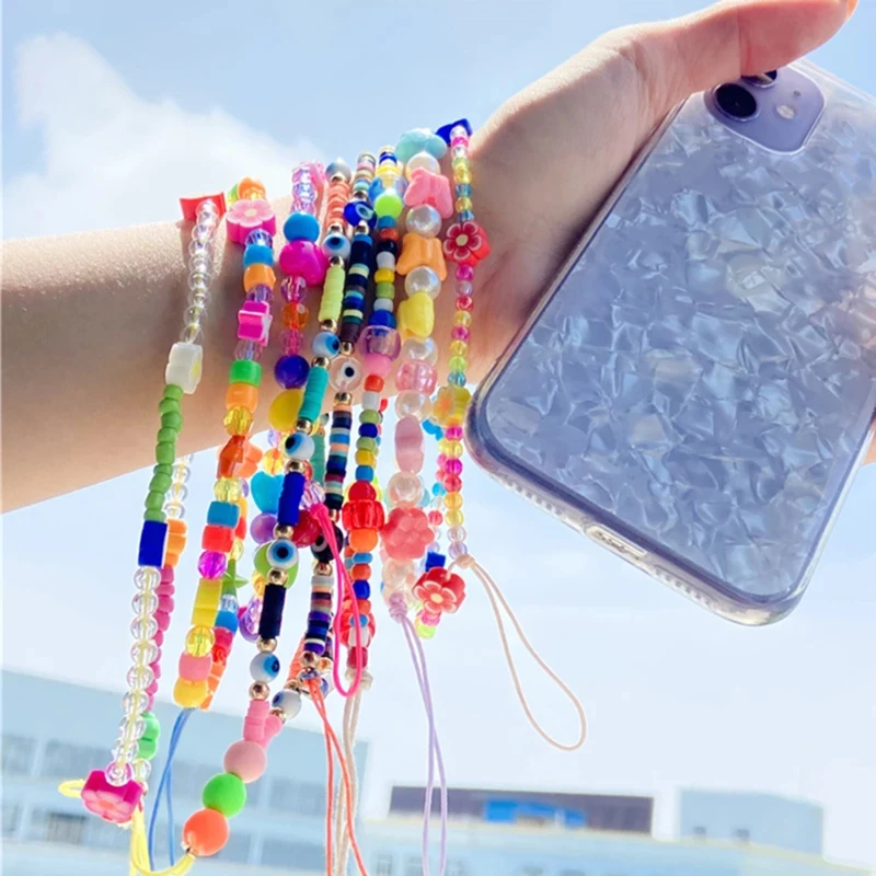 

Colorful Phone Strap Chain For Women Bohemian Beads Polymer Clay Mobile Phone Case Hanging Cord Lanyard Chain Jewelry