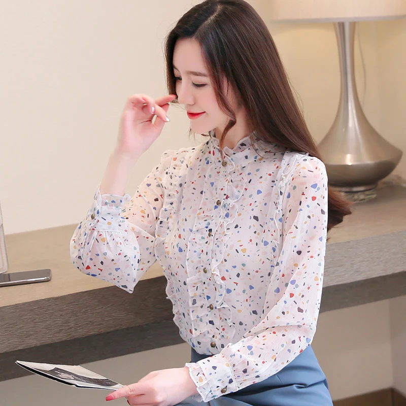 

Шифоновая Свободная Женская рубашка, Повседневная Блузка с длинным рукавом, новая модная рубашка с воротником и принтом листьев лотоса, нов...