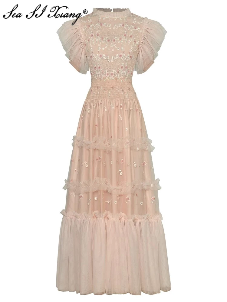 

Женское винтажное Сетчатое платье Seasixiang, дизайнерское летнее платье с круглым вырезом, рукавами-фонариками, цветочной вышивкой и оборками, с эластичным поясом