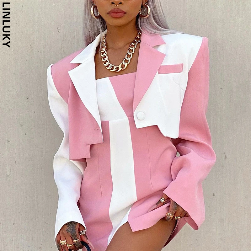 

Sexy Color Matching Small Blazer Suit For Women Autumn New Button Long-sleeved Blazer Short Jacket Woman Clothing