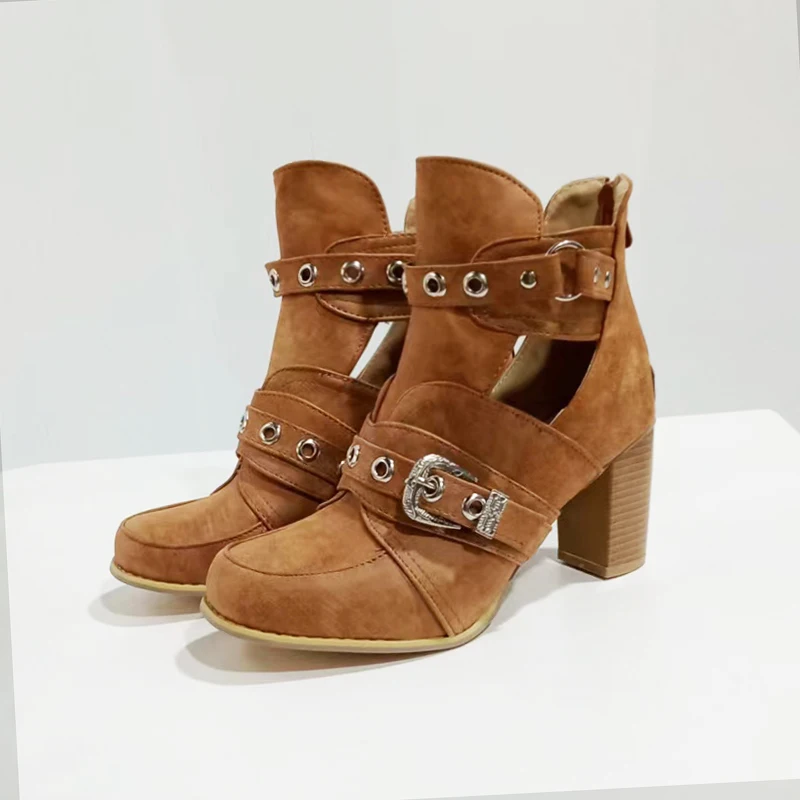 222 Summer Women Ankle Boots Black Thick Heels Leather Metal Riding Cowboy Boots Round Toe Western Short Booties Ladies Shoes